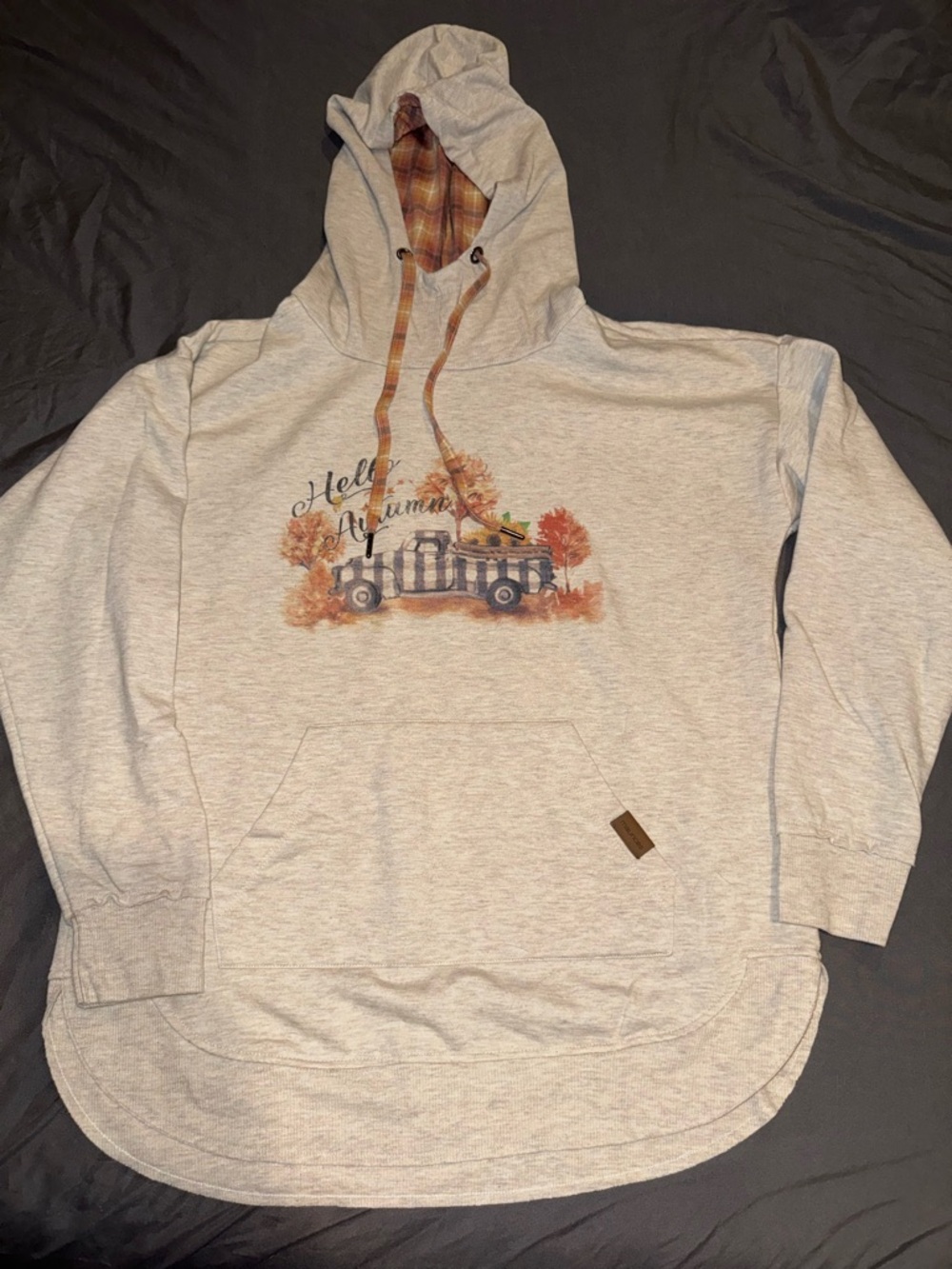 Maurices Cream Hoodie with Plaid-Lined Hood and Fall Truck Graphic